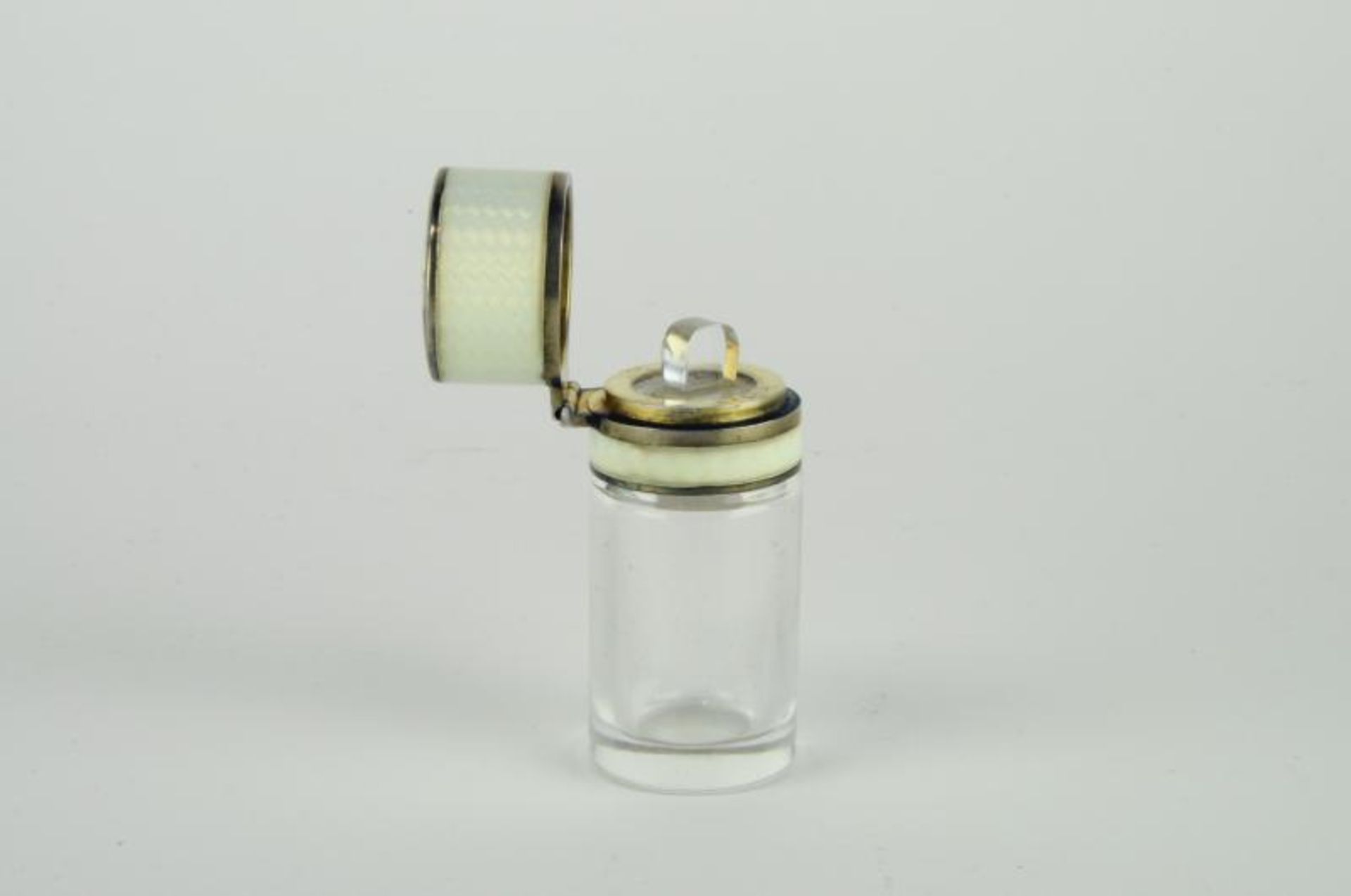 *A continental glass scent bottle, possibly French, the silver gilt enamelled top, with a - Image 2 of 3