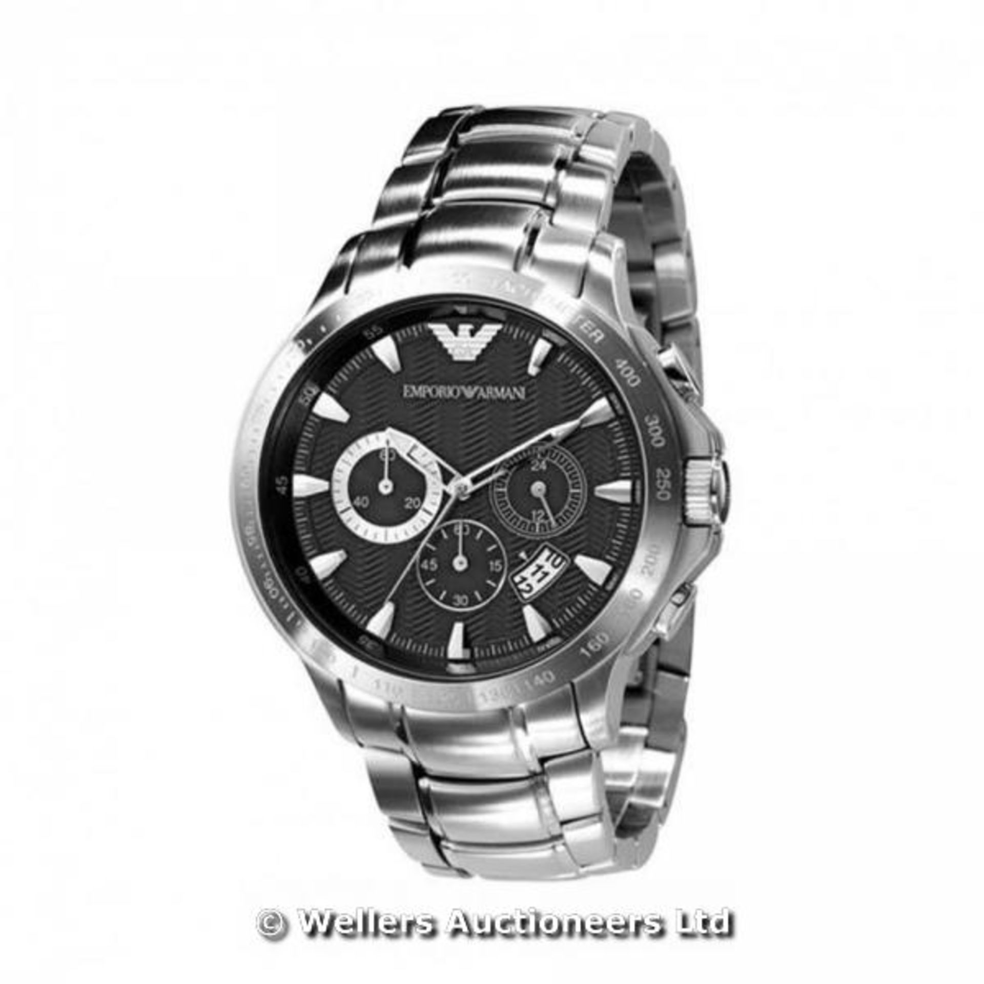 EMPORIO ARMANI AR0636 POLISHED GENTS BRACELET WATCH WITH BLACK CIRCULAR DIAL - RRP £350 (THERE IS NO