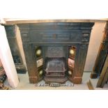 *A VICTORIAN POLISHED CAST IRON FIREPLACE WITH FLORAL TILED INSERT, 1060 X 1240