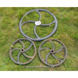 *THREE DECORATIVE CAST IRON PULLEY WHEELS, THE LARGEST 700 DIAMETER