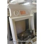 *A WHITE PAINTED WOODEN FIRE SURROUND WITH MIRROR FEATURE, 1250 X 1560