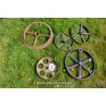 *FIVE CAST IRON ROLLER/PULLEY WHEELS, THE LARGES 500 DIAMETER