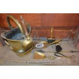 *A BRASS COAL SCUTTLE AND FIRE TOOLS