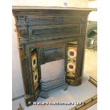 *A VICTORIAN POLISHED CAST IRON FIREPLACE WITH FLORAL TILED INSERT, 1220 X 1300