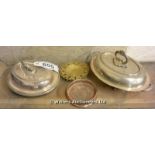 *TWO SILVER PLATED TUREENS, A WINE COASTER AND A PIN TRAY