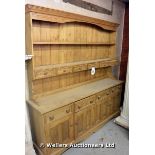 *A WAXED PINE DRESSER WITH PLATE RACK AND SPICE DRAWERS, 1830 X 430 X 1900