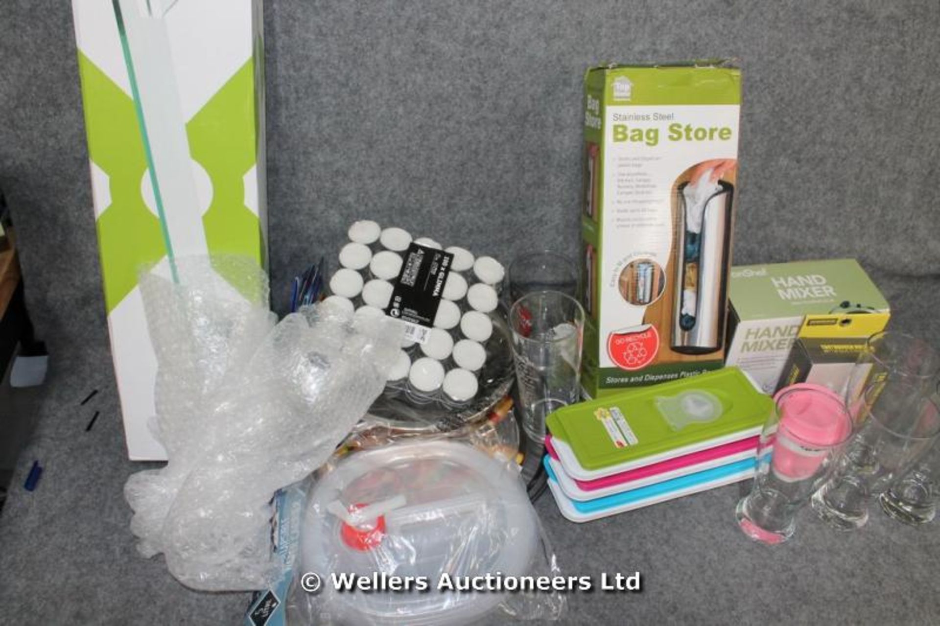 *MIXED HOUSEHOLD ITEMS INC BATHROOM SHELF, TEA LIGHT PACK, PINT GLASSES AND BAG STORE / GRADE: