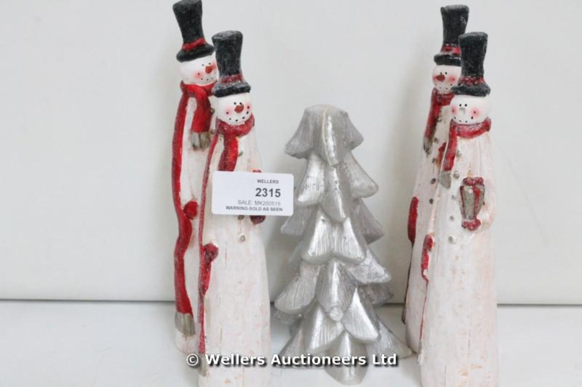 *X5 MIXED CHRISTMAS DECORATIONS INC SILVER XMAS TREE CANDLE (TOP DAMAGED), CARVED SNOWMAN / GRADE: