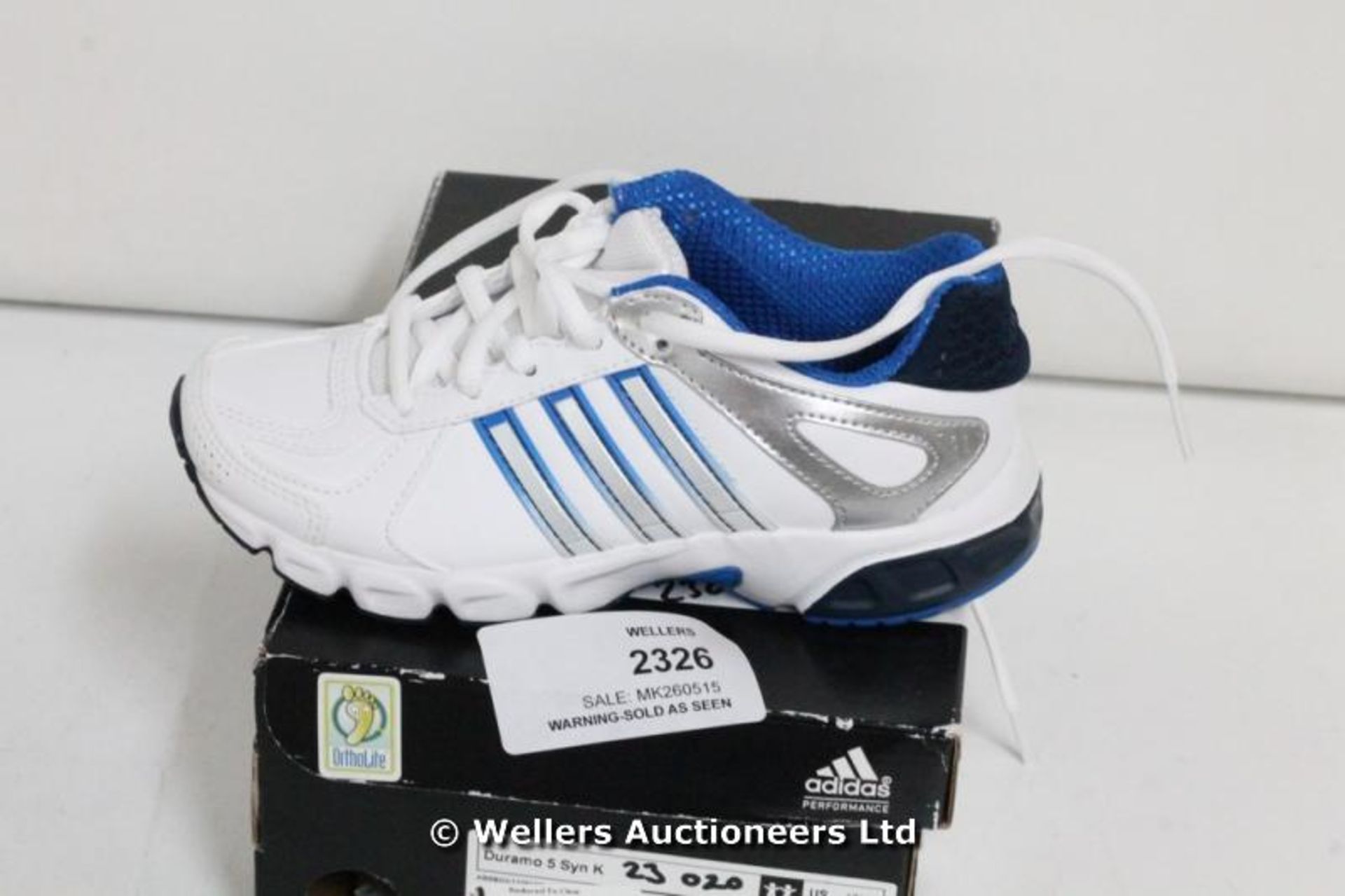 CHILDRENS ADIDAS DURAMO WHITE/BLUE RUNNING SHOES SIZE 12K / GRADE: NEW / BOXED (DC2) {#1162 [