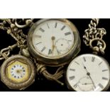 Selection of silver pocket watches, Albert chain, including a Kendal & Dent of London and a Girardin