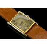 18ct yellow gold, stainless steel Marc Favre wristwatch, rectangular Art Deco case, patina to