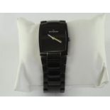 *Skagen bracelet wristwatch, rectangular black dial with yellow seconds hand, quartz movement,