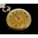 18ct yellow gold pocket watch, circular gilt dial with Roman numerals at hour markers, inside case