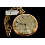 9ct yellow gold gentlemen's Longines pocket watch, 9ct yellow gold Albert chain, circular silver