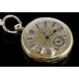 *Silver pocket watch, circular silver gilt dial, Roman numerals, subsidiary dial situated at six o'