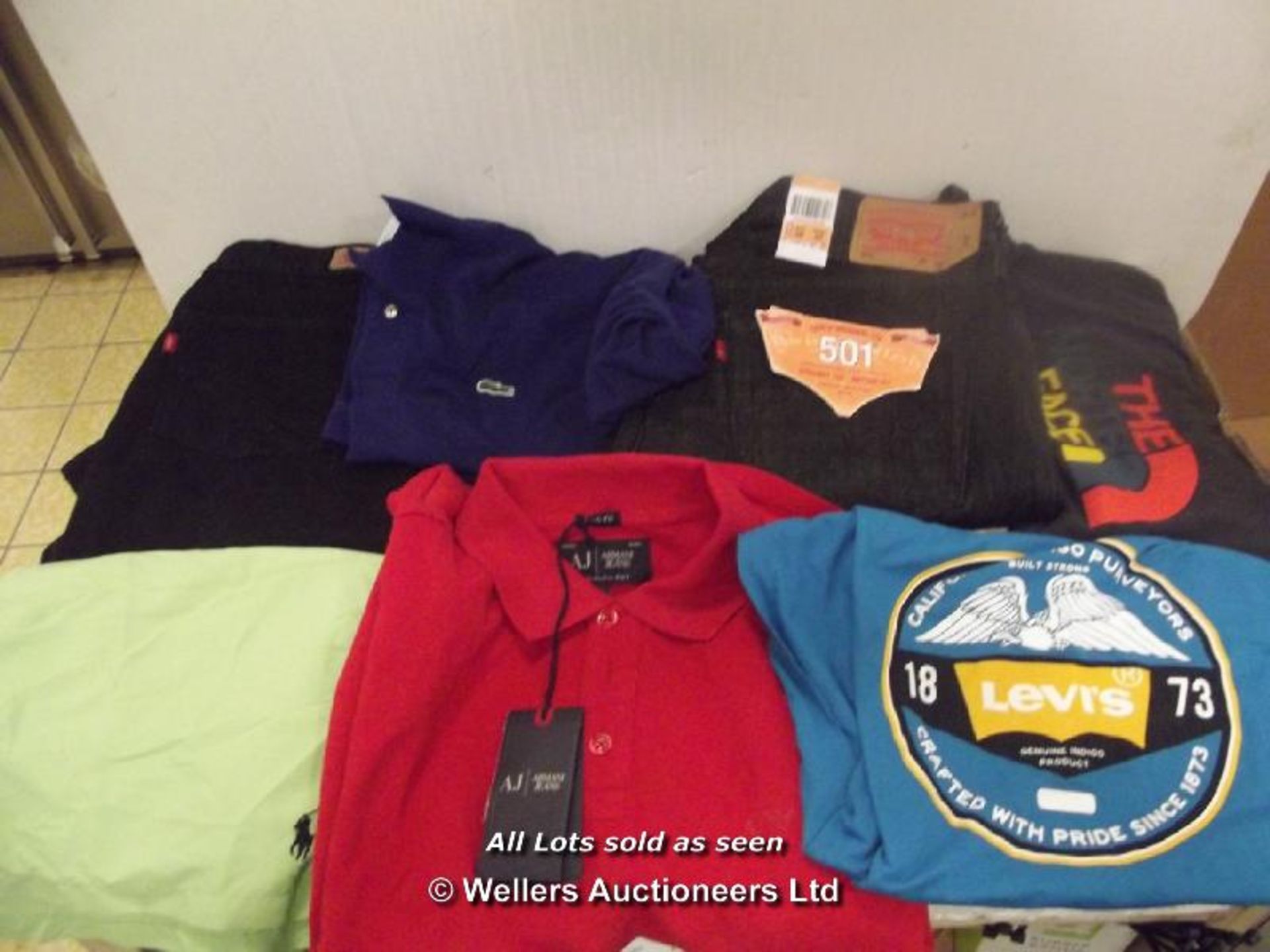 7X BRANDED CLOTHES INC ARMANI POLO W/TAGS, LACOSTE POLO, NORTH FACE TEE, RALPH LAUREN SHORTS, LEVI - Image 2 of 2