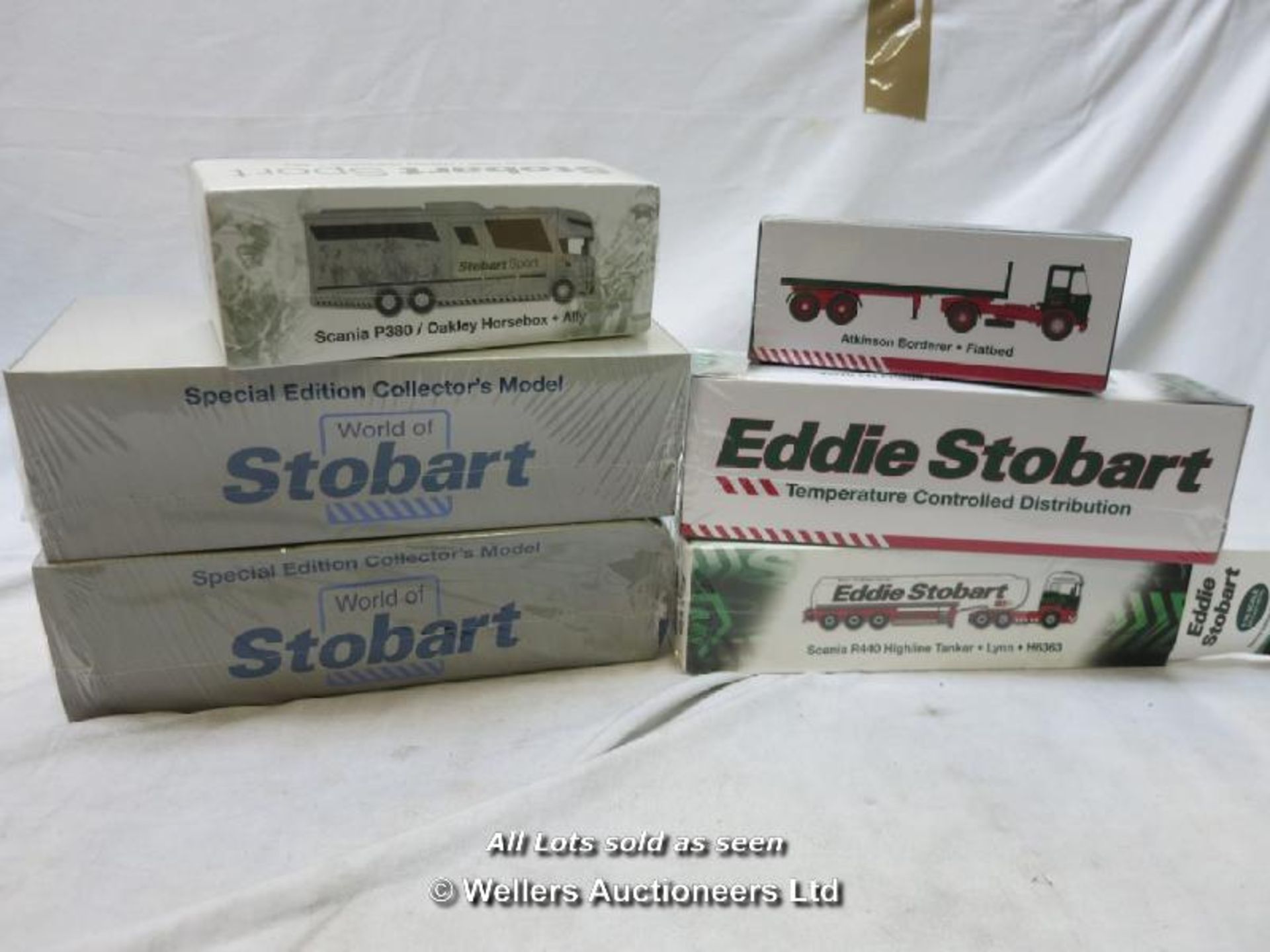 6X MAINLY SEALED EDDIE STOBART COLLECTABLE VEHICLES INC. SCANIA P380, ATKINSON BORDERER FLATBED