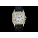 Diamond set Cartier Santos Automatique, square white dial with black Roman numerals, inner minute