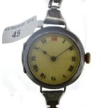 Silver cased Rolex military trench watch, circular enamel dial with Roman numeral hour markers,