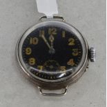 Silver cased military trench wristwatch, circular black dial dial with gold coloured bold Arabic