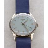 Gentlemen's Longines wristwatch, circular light blue dial, quarterly Arabic numerals, inlaid