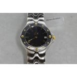 Ebel bracelet wristwatch, circular black dial with applied Roman numerals, date aperture situated at