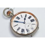 Nickel cased Goliath eight day pocket watch with a white dial and a seconds dial