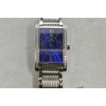 Diamond set Montega Swiss made bracelet wristwatch, rectangular blue dial with large quarterly