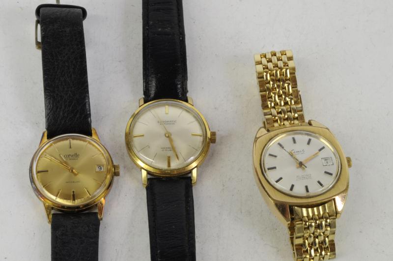 *Selection of three gentlemen's gold plated wristwatches including a Corvette and Euromatic with