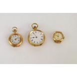 A group of yellow metal time pieces including two open faced fob watches and an Empire wristwatch (