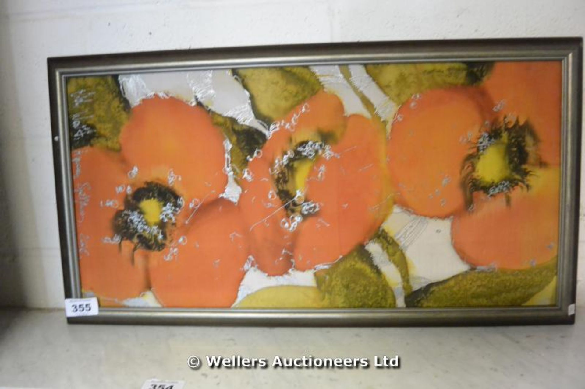 FRAMED ABSTRACT PAINTING OF POPPYS ON LINEN 950 X 530mm