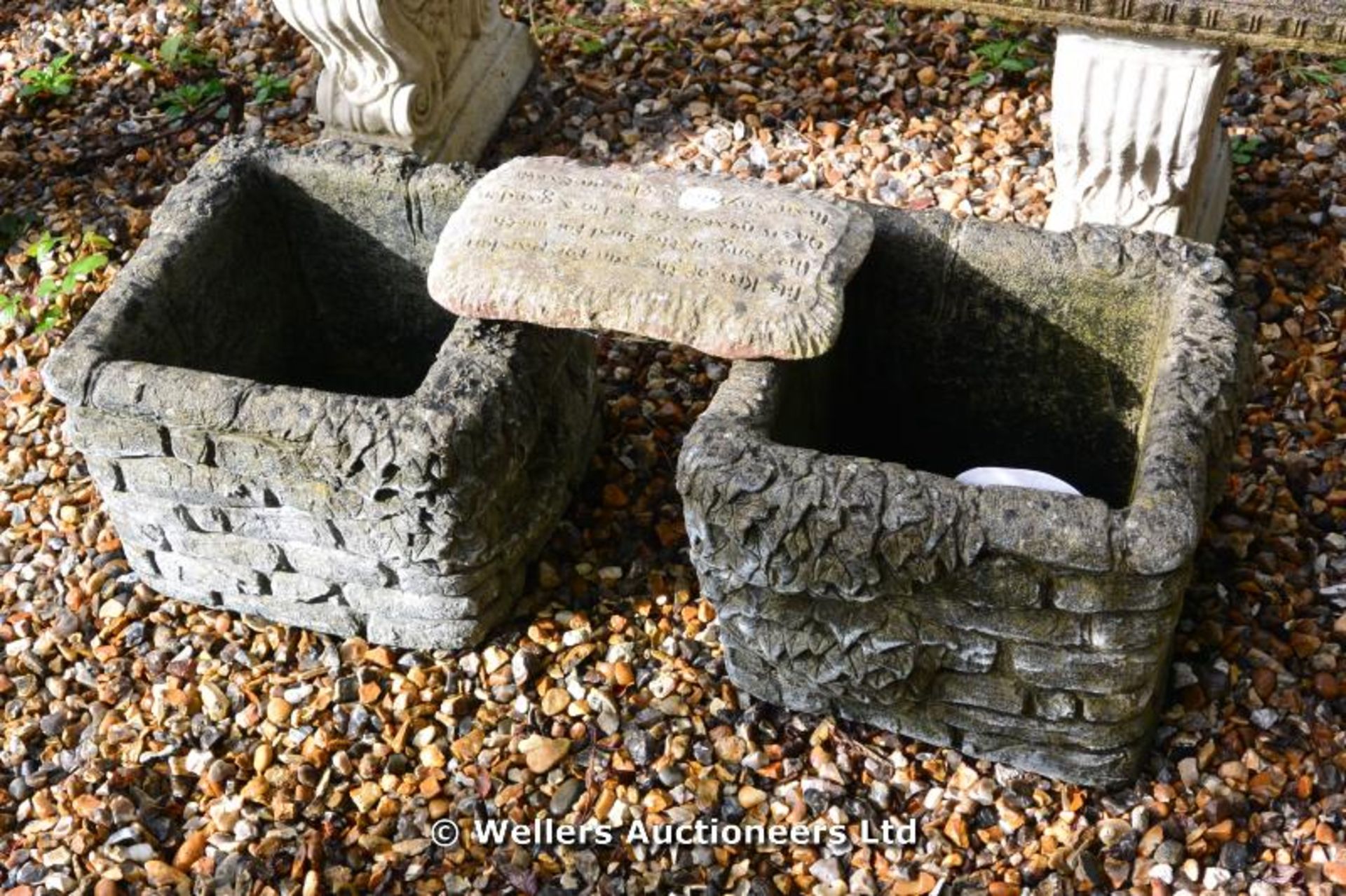 PAIR OF COMPOSITION STONE SQUARE PLANTERS 280mm HIGH AND A WALL PLAQUE 350mm LONG