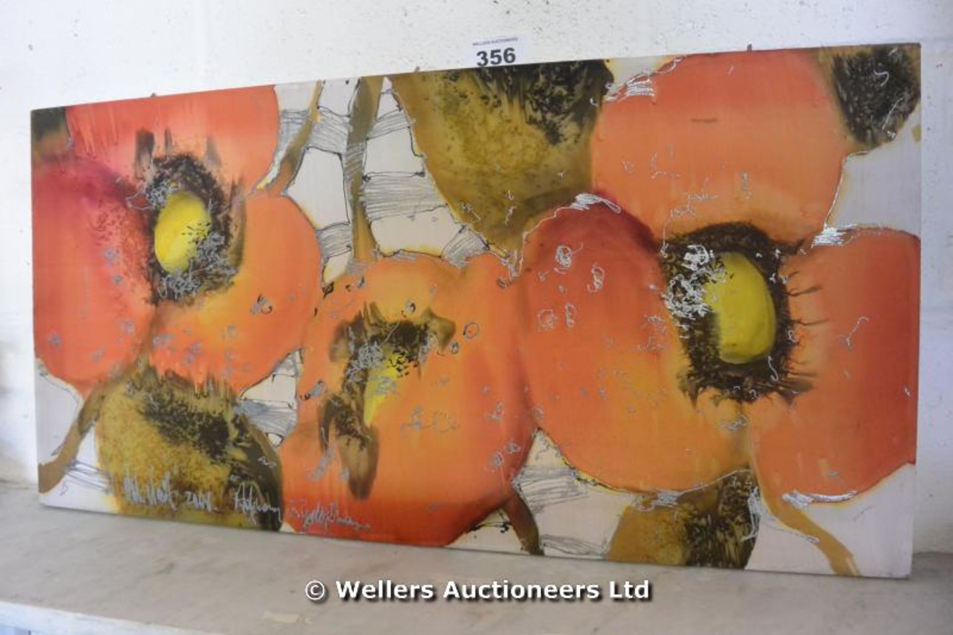 UNFRAMED ABSTRACT PAINTING OF POPPYS ON LINEN 900 X 460mm