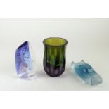 A Villeroy & Boch fluted clear glass vases, a Villeroy & Boch green and purple vase, the sides