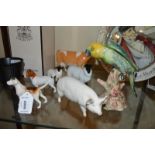 Beswick animals: Ch wall queen pig, two sheep, two hounds, brown and white cow, parrot  (7)