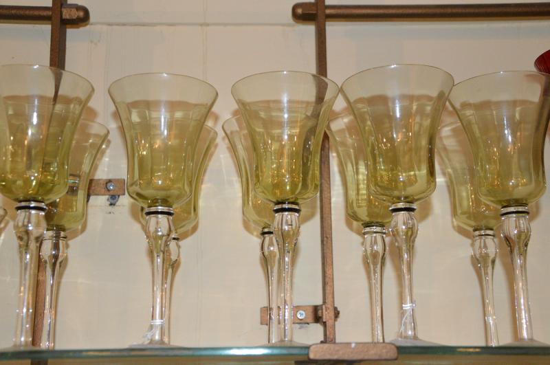 A set of 12 long stemmed pale green glasses; a set of 11 long stemmed red wine glasses; a set of - Image 3 of 4