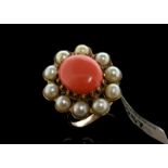 Pearl and opaque orange stone cluster ring, central oval cabochon cut orange stone, measuring