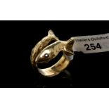 9ct yellow gold twist shark ring, with two round cut sapphires for eyes, gross approximate weight