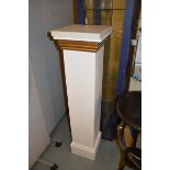 A white painted wooden square plinth with gilt detail and marble top, 30 x 30 x 124cm