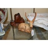 Crown Devon Fieldings bust of a dog; Beswick recumbent deer