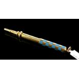 Sampson Mordan & Co retractable enamel pencil, blue checker board enamel handle mounted in yellow