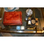 A small Chinese three drawer collector's chest; tooled leather jewellery box; pewter vase; travel