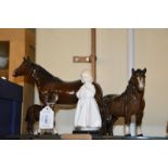 A large Beswick bay horse; Royal Doulton Shetland pony and foal; Royal Doulton figure 'Bedtime'