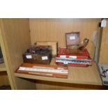 A collection of vintage items, Royal balance scales, Dirwa Denmark slide rule, a Smiths fuel gauge