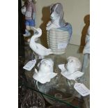Lladro: Dog in basket; duck; two angel faces (4)