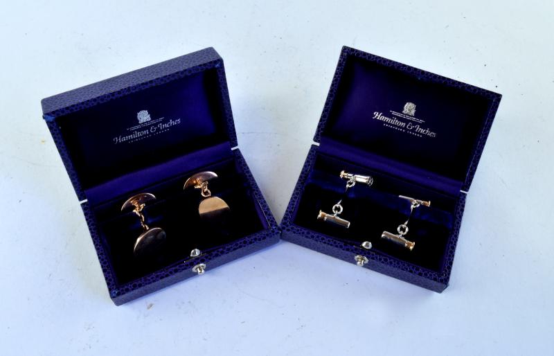 *Pair of 9ct yellow gold oval cufflinks, together with  pair of silver cufflinks, both in Hamilton &