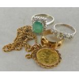 Selection of diamond and gem set jewellery including a ring set with five old cut diamonds