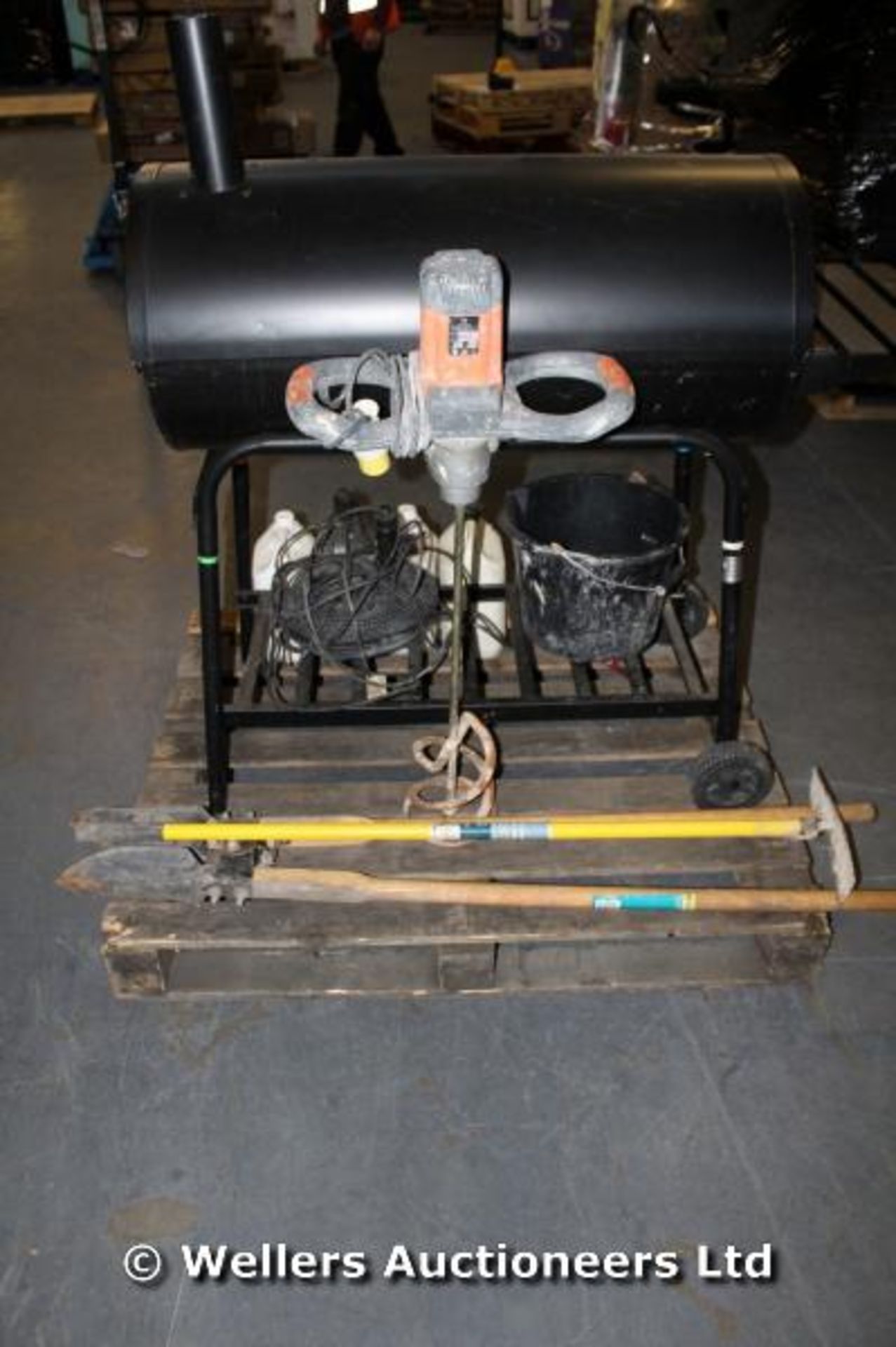 PALLET OF SELF STORAGE UNIT TO BE SOLD INCLUDING LARGE CHARCOAL BBQ, INDUSTRIAL MIXER DRILL, MIXED - Image 2 of 2