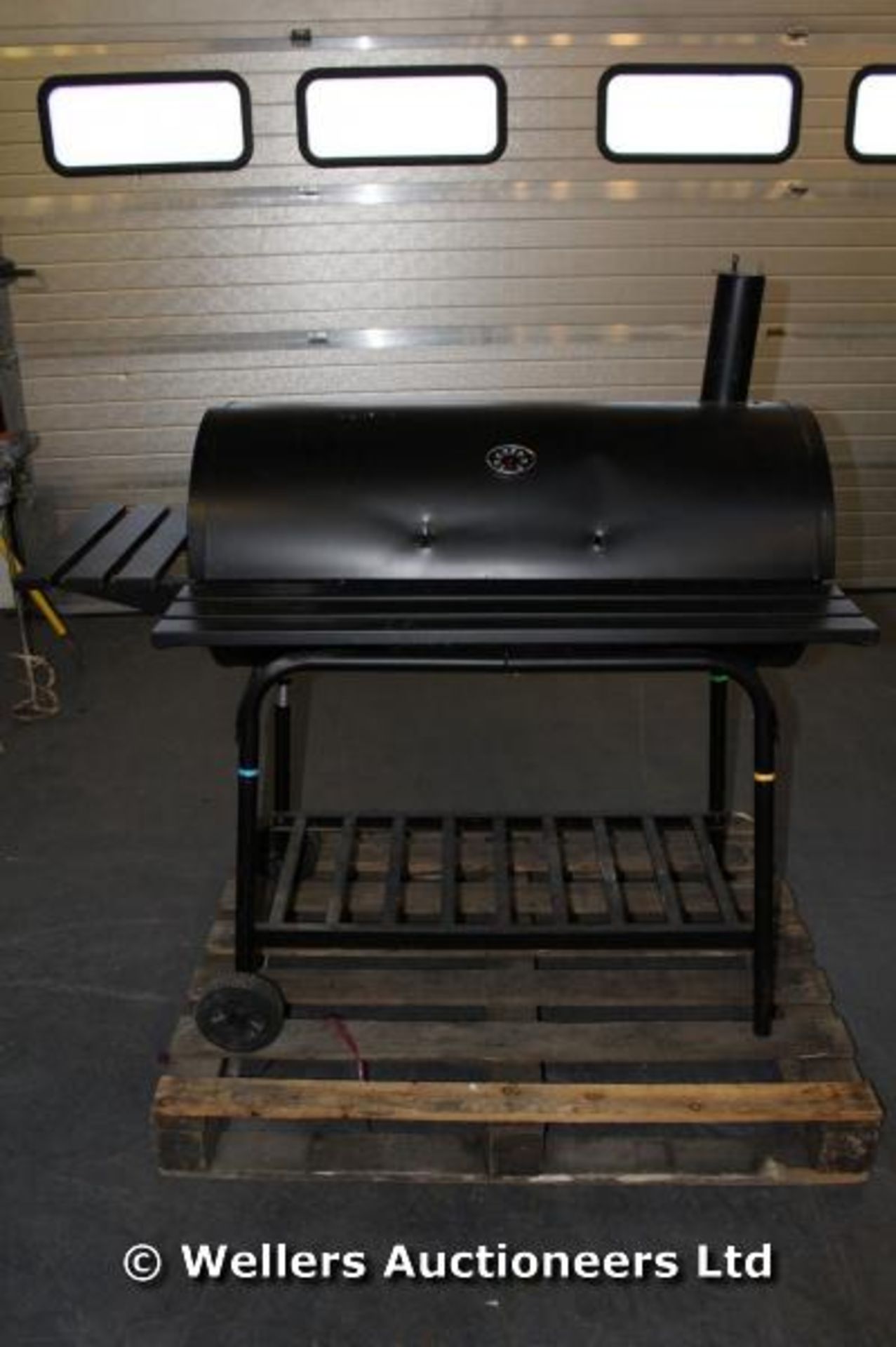 PALLET OF SELF STORAGE UNIT TO BE SOLD INCLUDING LARGE CHARCOAL BBQ, INDUSTRIAL MIXER DRILL, MIXED