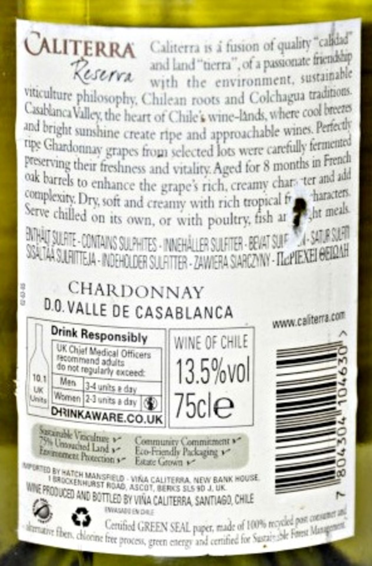 3 x Caliterra Reserva Chardonnay, Casablanca Valley, Chile – 2010/2012 – Bottle Size 75cl - Volume - Image 3 of 3